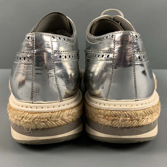 PRADA Silver Perforated Leather Platform Lace-Up Shoes - Picture 3 of 8